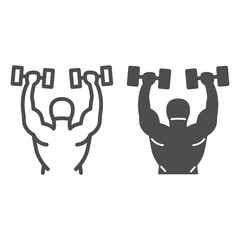 Poster - Lifting dumbbells line and solid icon, Gym concept, Weightlifter sign on white background, Bodybuilder lifting barbells icon in outline style for mobile concept and web design. Vector graphics.