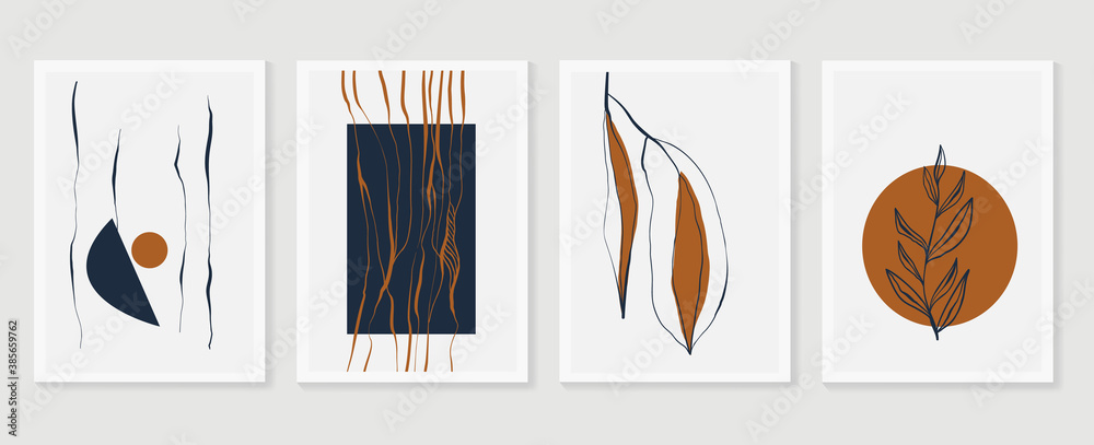 Botanical wall art vector set. Earth tone boho foliage line art drawing with  abstract shape.  Abstract Plant Art design for print, cover, wallpaper, Minimal and  natural wall art. - obrazy, fototapety, plakaty 