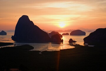 Beautiful landscape sunrise mountain viewpoint of Phang Nga Bay from Samed Nang Chee, Thailand.