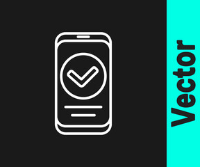 Poster - white line smartphone, mobile phone icon isolated on black background. vector.