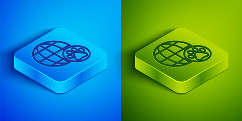 Sticker - Isometric line World pet icon isolated on blue and green background. Square button. Vector.