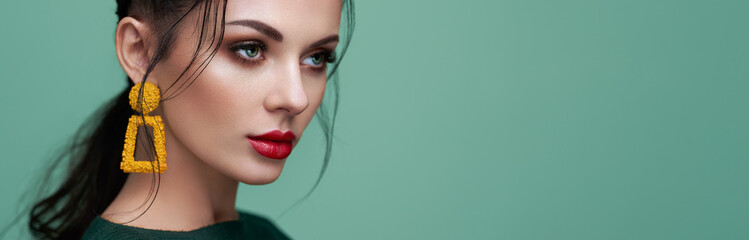 Wall Mural - brunette girl with perfect makeup. beautiful model woman with curly hairstyle. care and beauty hair 