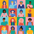 Set different person portrait of big diverse business team. Nationalities characters people. Smiling colleagues. Multicultural characters men and woman faces at square frame. Vector flat illustration.
