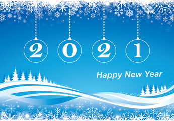 Happy New Year 2021. Winter background with natural landscape and snowy fir trees decorated with a beautiful ornament of snowflakes, date 2021 in hanging balls, vector