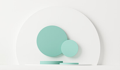 Minimal scene with podium and abstract background. Pastel blue and green colors scene. Trendy 3d render for social media banners, promotion, cosmetic product show. Geometric shapes interior.	