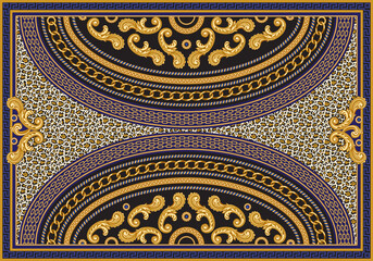 Vector carpet print on a beige leopard skin background.Fashionable pattern from gold chains, Baroque fantasy scrolls. Scarf, shawl, rug, silk tapis textile patch. 6 pattern brush in the palette 