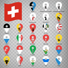 Twenty Six Flags The Provinces Of Switzerland -  Alphabetical Order With Name.  Set Of 2d Geolocation Signs Like Flags Cantons Of Switzerland.  Twenty Six 2d Geolocation Signs For Your Design. EPS10
