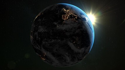 Wall Mural - space view of the sun rising on planet earth with lights of european cities at night. 4k-resolution.