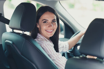 Poster - Close-up profile side view portrait of her she nice attractive lovely pretty cute successful cheerful content girl worker assistant secretary riding car early morning order delivery service