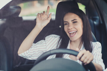 Poster - Close-up portrait of her she nice attractive brunette pretty lovely cute cheerful cheery businesslady riding car motorway highway having fun listening radio singing pop hit