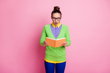 Poster - Photo shocked worried school girl read book impressed unexpected unbelievable story end scream wow omg wear bright outfit pants isolated pastel color background