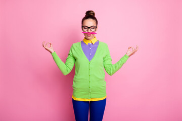 Wall Mural - Photo of focused high school girl have pen nose meditate yoga before courses lesson exam wear bright blue pants trousers isolated over pastel color background