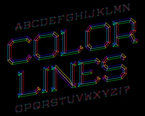 Poster - Color Lines typeface. Colorful font. Isolated english alphabet on black background.