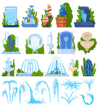 Water Fountain Architecture Decor Vector Illustration Set. Cartoon Flat Architectural Elements, Exterior Collection Of Geyser Waterfall Splashing Drops, Outdoor Water Park Decoration Isolated On White