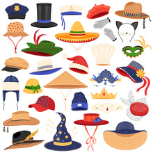 Hats Clothes Vector Illustration Set. Cartoon Flat Fashion Accessory On Man Woman Head Collection With Different Profession Headwears, Fashionable Classic Headdress, Summer Hats Isolated On White