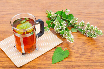 Canvas Print - Glass of tea, fresh lemon balm and cookies on table.