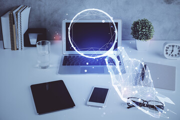Aufkleber - Desktop computer background in office and start up theme hologram drawing. Double exposure. Startup concept.