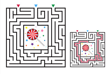 Wall Mural - Square maze labyrinth game for kids. Labyrinth logic conundrum with candy. Three entrance and one right way to go. Vector flat illustration isolated on white background.