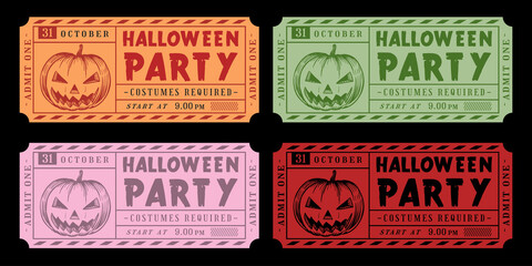 Pumpkin Halloween ticket colorful retro vintage vector set.