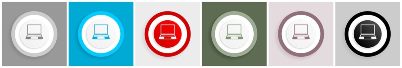 Leinwandbilder - Open notebook, laptop, mobile computer icon set, colorful flat design vector illustrations in 6 options for web design and mobile applications