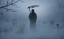 Silhouette Of A Grim Reaper On A Grave Yard With Copy Space