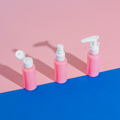 Cosmetic lotion, spray and cream for face in blank bottle on pink and blue background. Isometric pop art style. Bio organic product.