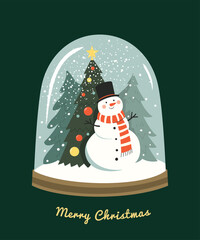 Christmas greeting card. Vector illustration in contemporary flat style of glass snow globe with Christmas Tree and snowman inside. Isolated on dark green background
