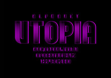 Purple Technical Font, Digital Alphabet, Letters (A, B, C, D, E, F, G, H, I, J, K, L, M, N, O, P, Q, R, S, T, U, V, W, X, Y, Z) And Numbers (0, 1, 2, 3, 4, 5, 6, 7, 8, 9), Vector Illustration 10EPS