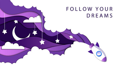 dream big, follow your dreams concept. rocket flyes from the sky leaving a violet mark behind with m