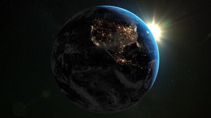 Wall Mural - space view of the sun rising on planet earth with lights of american cities at night. 4k-resolution.
