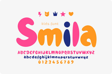 Canvas Print - Cute and playful kids font. Uppercase, lowercase, numbers and symbols vector illustration