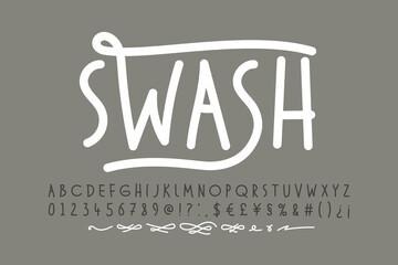 Sticker - Handwitten font with swashes. Alphabet letters, numbers, punctuation marks, symbols and alternates vector illustration