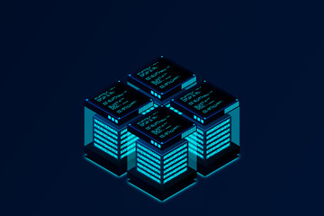 Datacenter isometric vector illustration. Abstract 3d hosting server or data center room background. Network or mainframe infrastructure website header layout. Computer storage or farming workstation.
