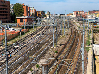  Transportation industry. Movement activity.Railroad in the city across sky and city landscape. 