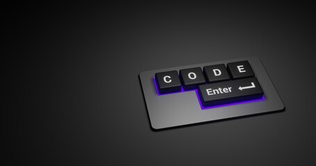 Poster - Code Lettering in Black Keyboard with Enter Button. 3D rendering Illustration at Dark background and focus light with space for text