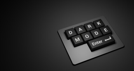 Poster - Dark Mode Lettering in Black Keyboard with Enter Button. 3D rendering Illustration at Dark background and focus light with space for text