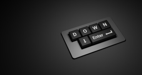 Poster - Down Lettering in Black Keyboard with Enter Button. 3D rendering Illustration at Dark background and focus light with space for text