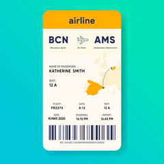 Wall Mural - Mobile boarding pass. Vertical aircraft e-ticket. Flight ticket template. Passenger document mockup. Travel pass with journey map. Vector illustration.
