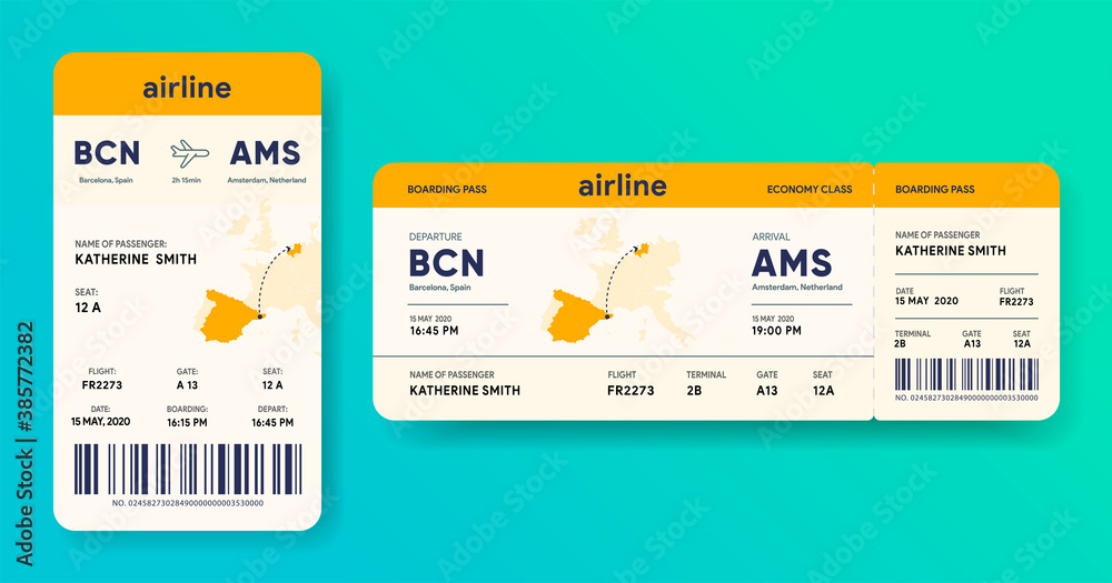 Paper and mobile boarding pass. Responsive design of airline ticket. Passenger travel data card mockup. Flight check-in document template. Portable e-ticket with journey map. Vector illustration. - obrazy, fototapety, plakaty 