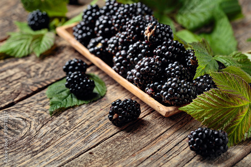Cuadros en Lienzo Ripe juicy blackberries with leaves on a wooden table.