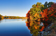 Beautiful New England Fall Foliage with reflections before sunrise, Boston Massachusetts.