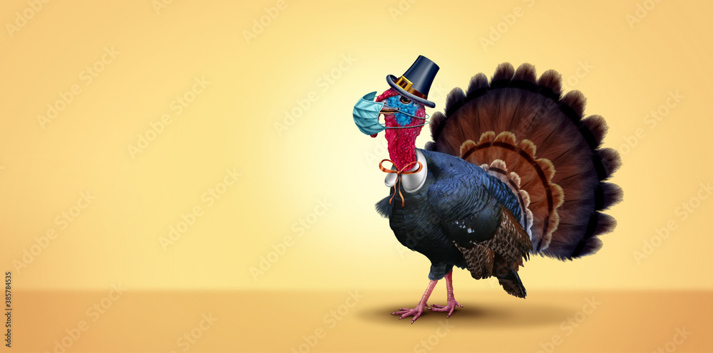 Healthy Thanksgiving banner as a seasonal sign with a turkey tom or gobbler wearing a medical face mask and surgical facial protection for disease prevention and virus protection - obrazy, fototapety, plakaty 