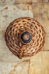 demijohn and old wood wine barrel on jute sack