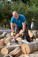 Wall Mural - Farmer with chainsaw cutting wood