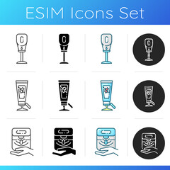 Poster - Sanitizers icons set. Germ killing gel in tube. Automatic dispenser for liquid soap. Floor stand for public bathroom. Linear, black and RGB color styles. Isolated vector illustrations