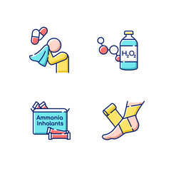 Sticker - Emergency medication RGB color icons set. Antihistamine medication. Hydrogen peroxide. Ammonia inhalant. Elastic bandage for injured leg. Joint trauma help. Isolated vector illustrations