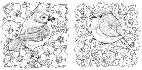 Wall Mural - Coloring page. Two birds among flowers. Line art drawing for adult or kids coloring book in zentangle style. Vector illustration.