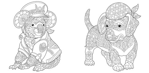 Wall Mural - Coloring page. Koala bear and dachshund dog. Line art drawing for adult or kids coloring book in zentangle style. Vector illustration.