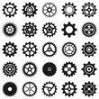 Gears. Transmission cog wheels and machine gearings, technical mecanisme, engineering motor, button black silhouette icons, vector set. Transmission mechanism, engineering machinery gear illustration