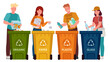 People sorting garbage. Men and women separate waste and throwing trash into recycling bins. Ecology lifestyle vector illustration. Waste and garbage, throwing rubbish, environmental segregation
